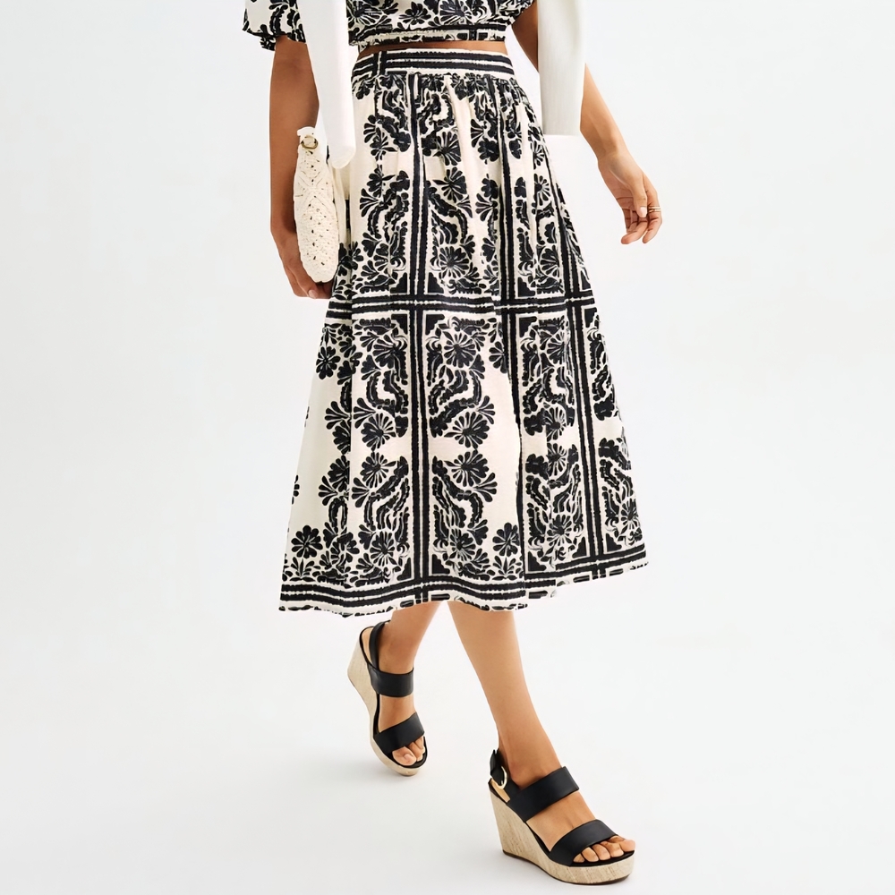 Catherine Malandrino Black and White Floral Midi Skirt